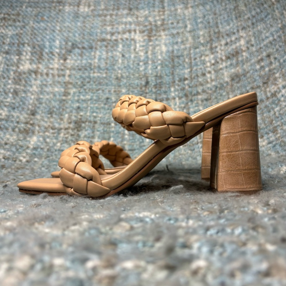 Braided Double Straps Square Open Toe Heeled Sandals in Nude